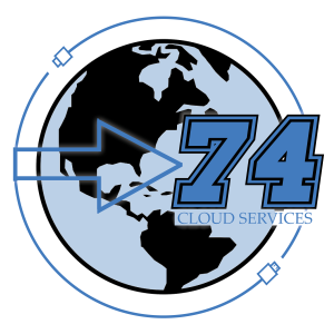 icon for 74 cloud services a globe with 74 and blue for water