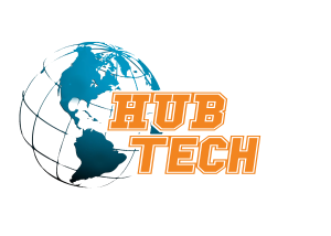 hubtech logo orange text and a globe