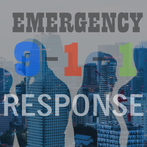Words emergency and response with number 9 in blue representing police, 1 is red representing fire, last 1 is green representing EMS. Building the emergency number 911 separated by dashes. the background has silhouettes of people standing and major city buildings also mixed in that view