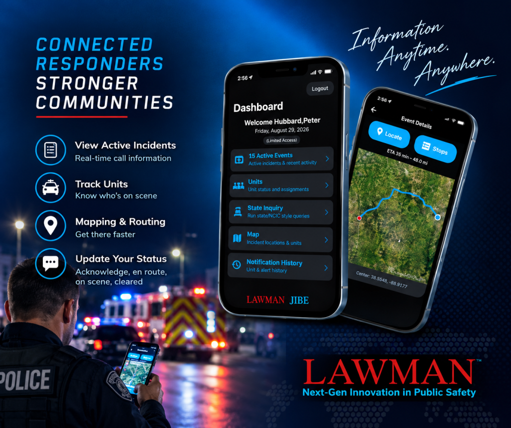 JIBE™ Mobile public safety app showing active incidents, unit tracking, mapping, routing, and responder status tools on mobile devices.